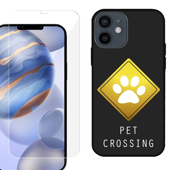 Slim-Fit Protective Phone Case (Black) compatible with iPhone 12 / iPhone 12 Pro, with Tempered Glass Screen Protector, by OneToughShield ® - Pet Crossing