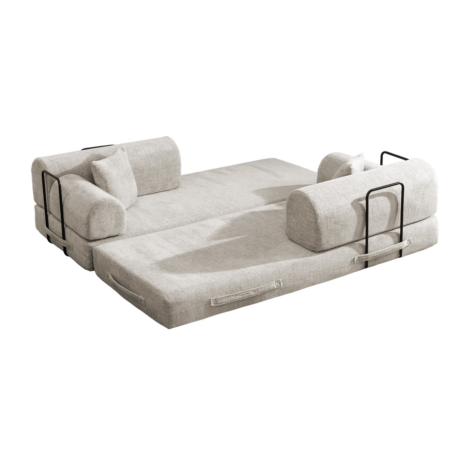 Hommoo Convertible Sleeper Sofa Bed, Two-Tone Blended Boucle Fabric Floor Sofa Folding Mattress Lounge Couch with Fixed-Shape Frame, Light Camel