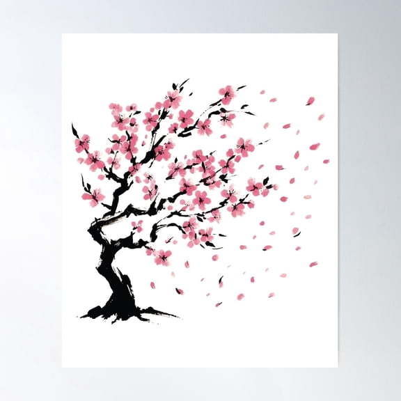 Sakura Cherry Blossom In Traditional Ink Poster Wall Art, Modern Wall Decor For Living Room Bedroom, 8x12 UNFRAMED