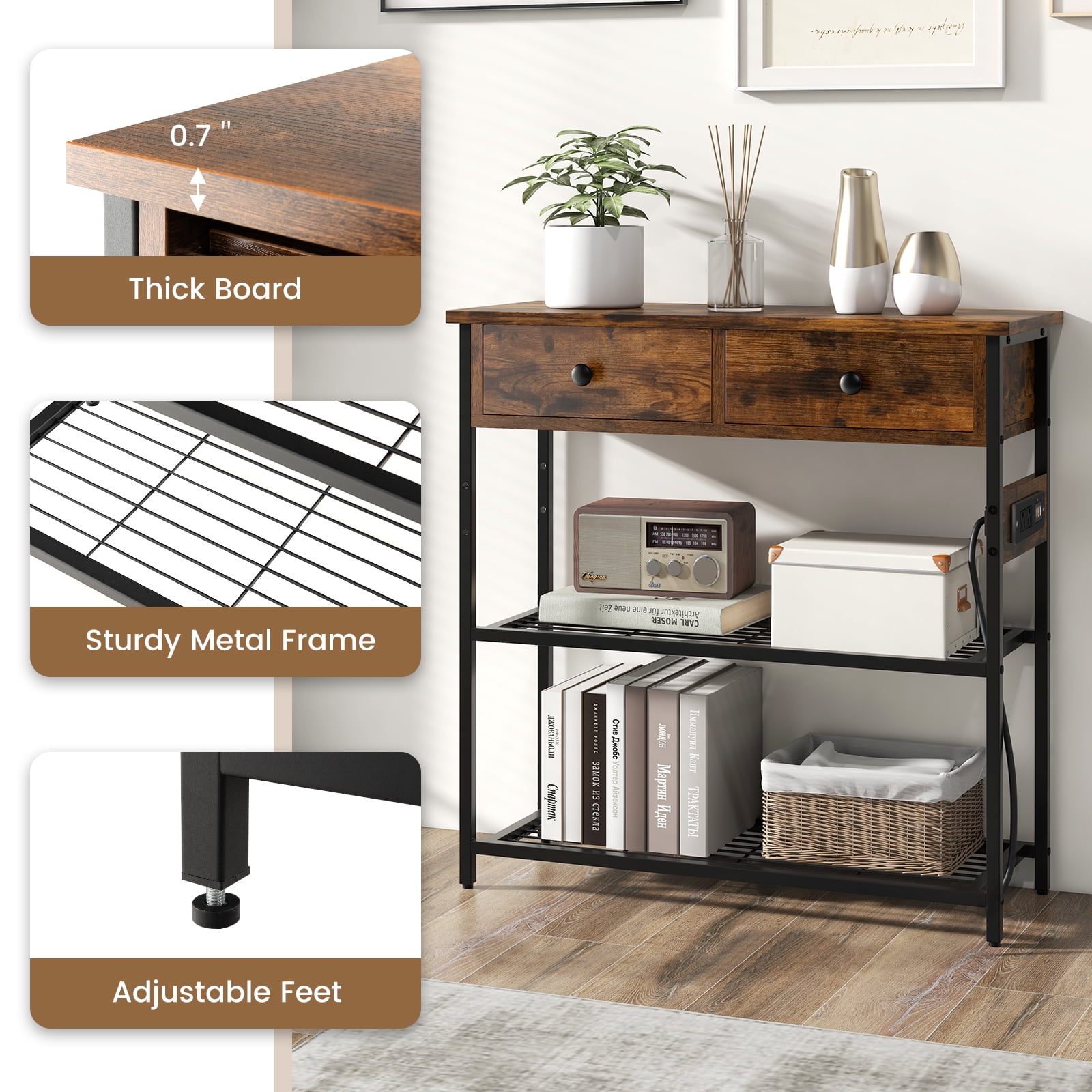 Giantex Console Table w/Outlets , Entryway Table w/USB Ports, Narrow Sofa Table, Entry Hallway Table, Brown