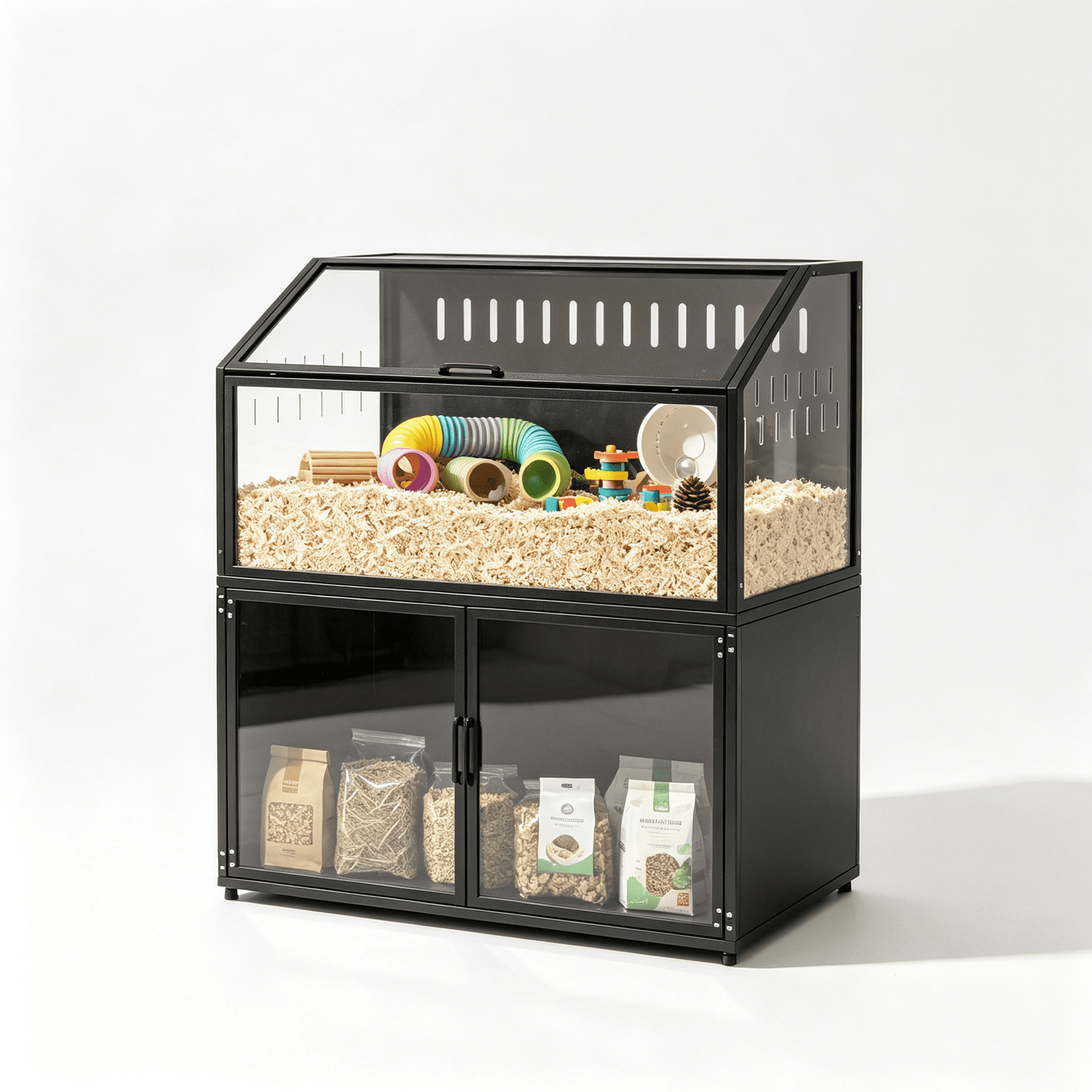 JERFIT Large Acrylic Hamster Cage with Storage Cabinet, Spacious Small Animal Habitat for Gerbils, Mice, Hedgehogs, Durable Steel Frame, Easy Access Top & Clear View Panels, Black