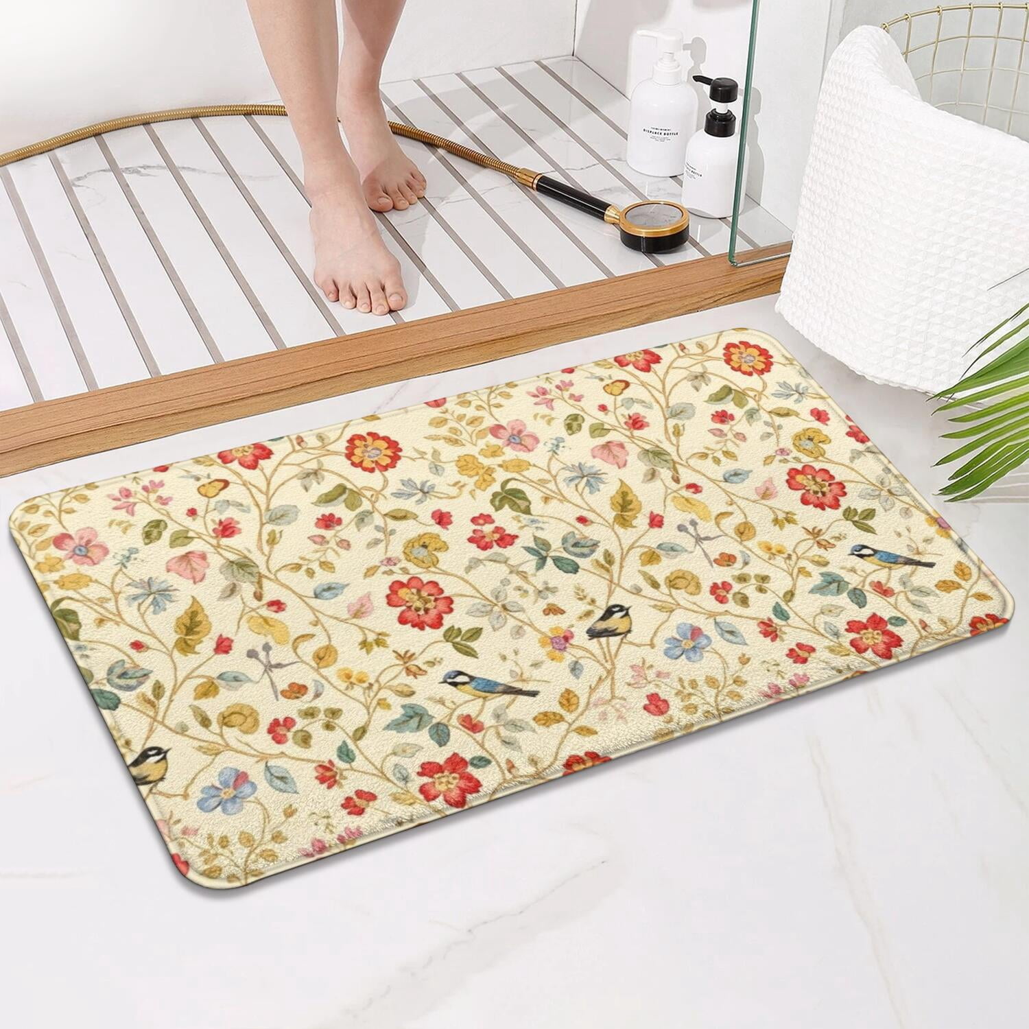 Pioneer Flower Floral Print Pattern Bathroom Rugs Mat, Non Slip Microfiber Bathroom Rug with Rubber Backing, Soft Mats for Bathroom Floor Tub Shower, 17"x30"