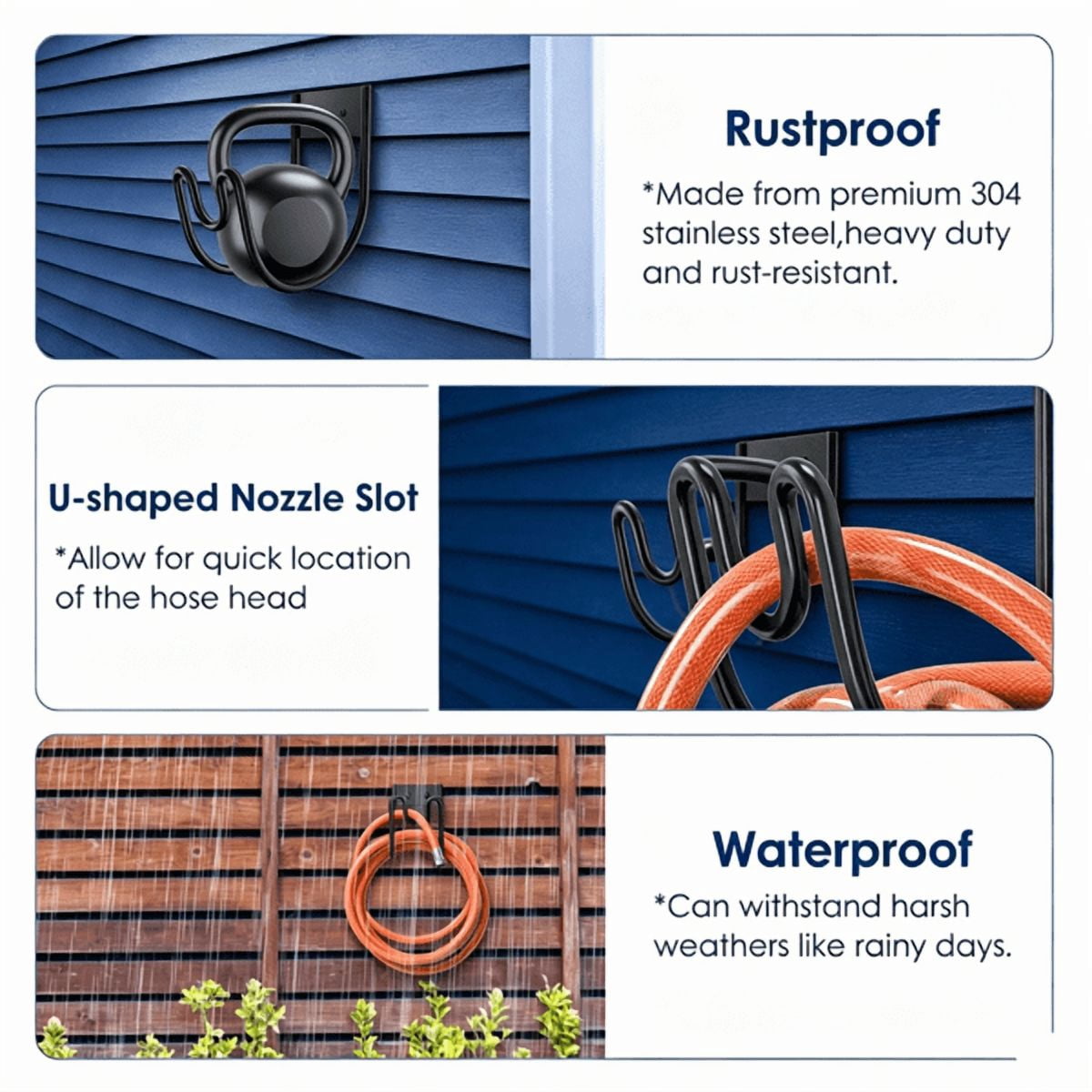2PCS Wall Mount Garden Hose Holder, 304 Stainless Steel Hose Hanger with U‑Shaped Nozzle Slot, Holds Up to 150ft 1/2‑Inch Hose for Yard, Patio & Outdoor Organization