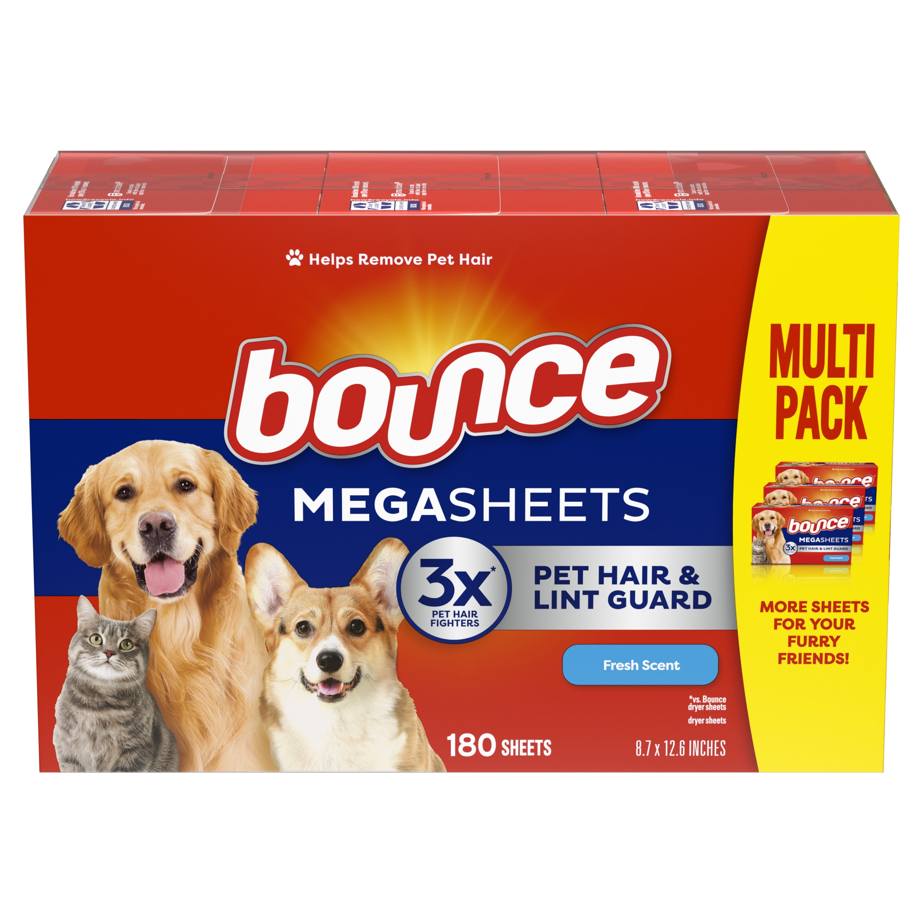 (2 pack) Bounce Pet Hair and Lint Guard Mega Dryer Sheets with 3X Pet Hair Fighters, Fresh Scent, 180 Count