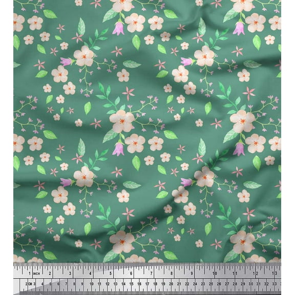 Soimoi Green Poly Georgette Fabric Leaves & Periwinkle Floral Printed Craft Fabric by the Yard 42 Inch Wide