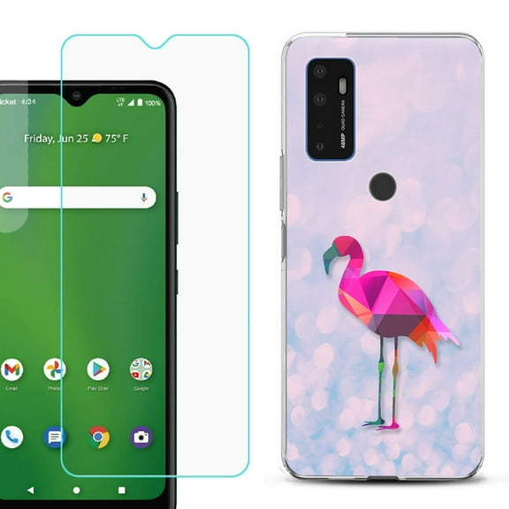 Slim-Fit Gel TPU Phone Case for Cricket Dream 5G, with Tempered Glass Screen Protector, by OneToughShield ® - Flamingo / Polygon