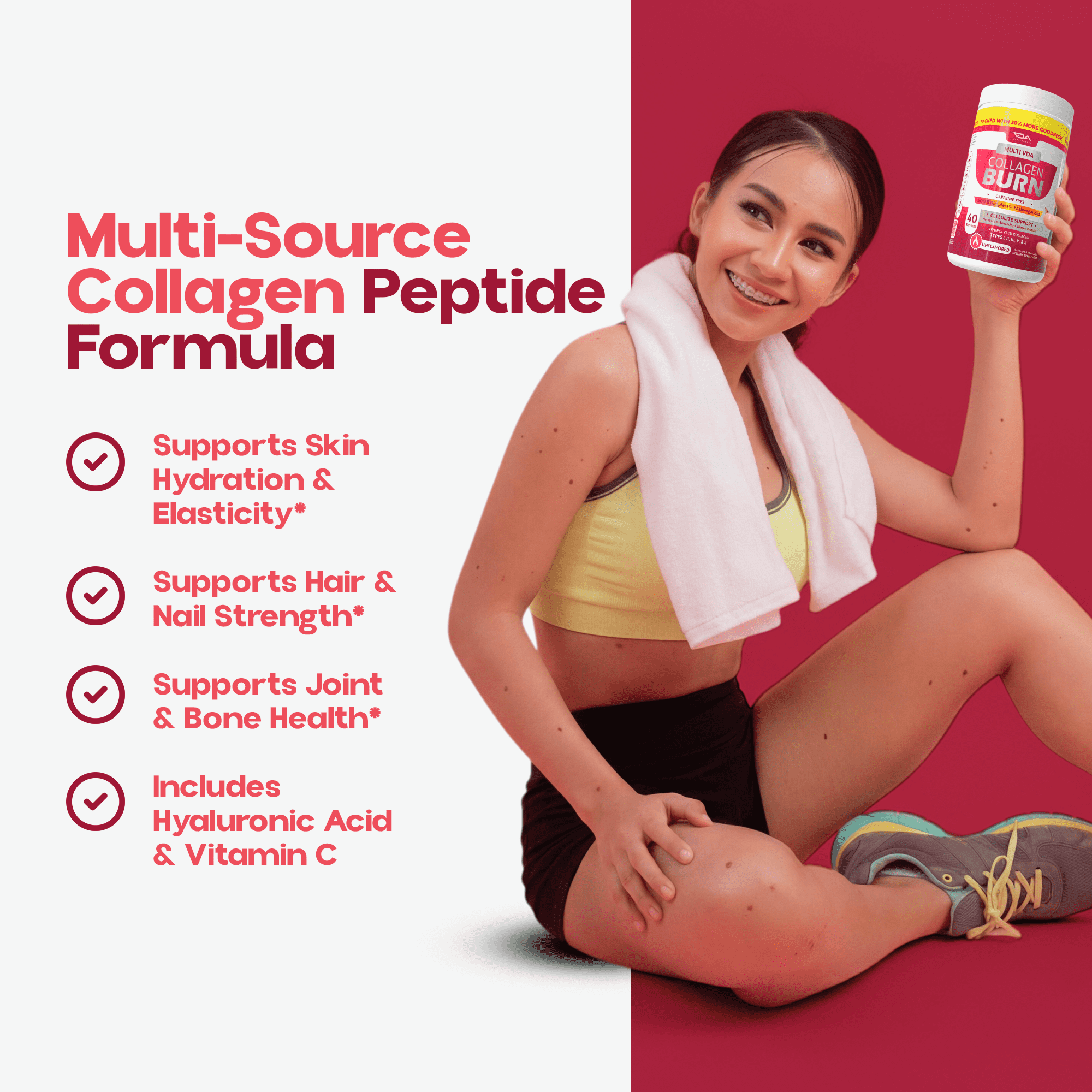 VDA Supplements Multi VDA Collagen Burn Powder - Hydrolyzed Collagen Powder for Women - Burn Ultimate Beauty with SOD B Dimpless®, 5 Types of Collagen (I, II, III, V, X), Unflavored, 40 Servings
