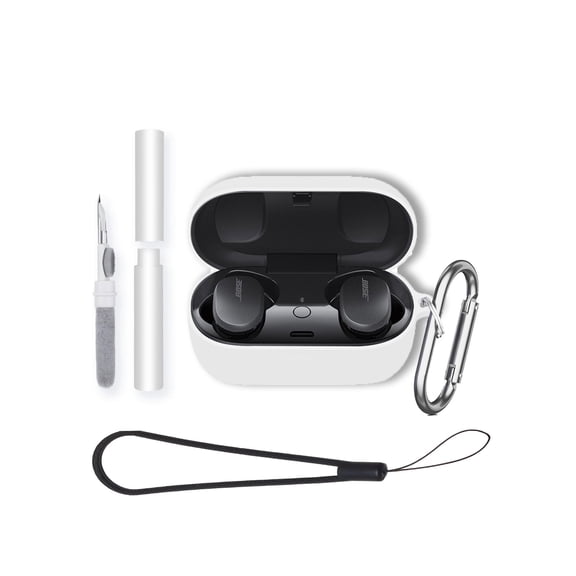 Soft Silicone Protective Case for Bose QC Earbuds,Shockproof & Anti-Scratch Cover with Keychain,Lanyard & Cleaning Kit,Anti-Lost & Dustproof Protector-white