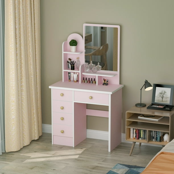 Vanity Table Set with Mirror, Makeup Table with 3 Storage Shelves & 5