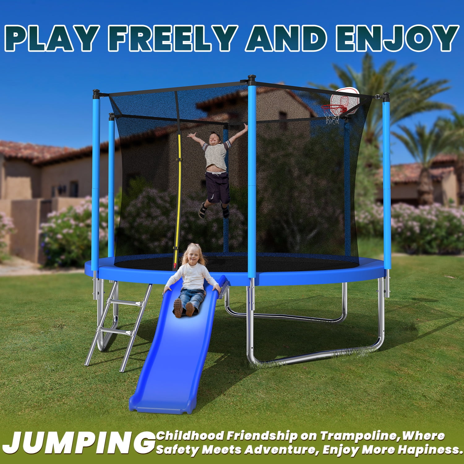 Mersco 10FT Heavy Duty Trampoline with Enclosure Net , Slide Outdoor Big Trampoline for Backyard,Kids Trampoline with Basketball Hoop,Birthday and Holiday Gifts for Kids,Blue