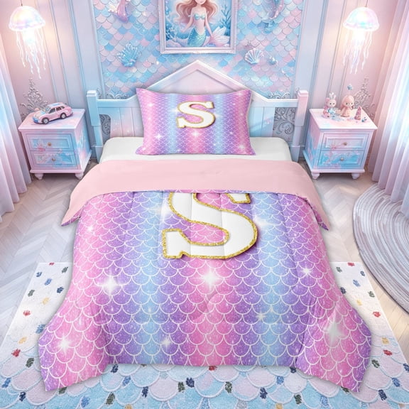 meiyoeat Mermaid Letter S Twin Comforter Sets for Girls, Glitter Scale Print Bedding Set, Iridescent, Pink Reversible, 2-Piece, 1 Comforter and 1 Pillowcase