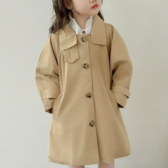 NAISIBABY Girls Windbreaker Jacket 7-8T, Long Sleeve Mid-Length Notched Collar Casual British Style Trench Coat Khaki