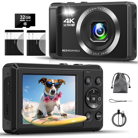 Digital Camera - 4K 44MP UHD Digital Cameras for Photography - Autofocus Point and Shoot Vlogging Camera with 16X Zoom,