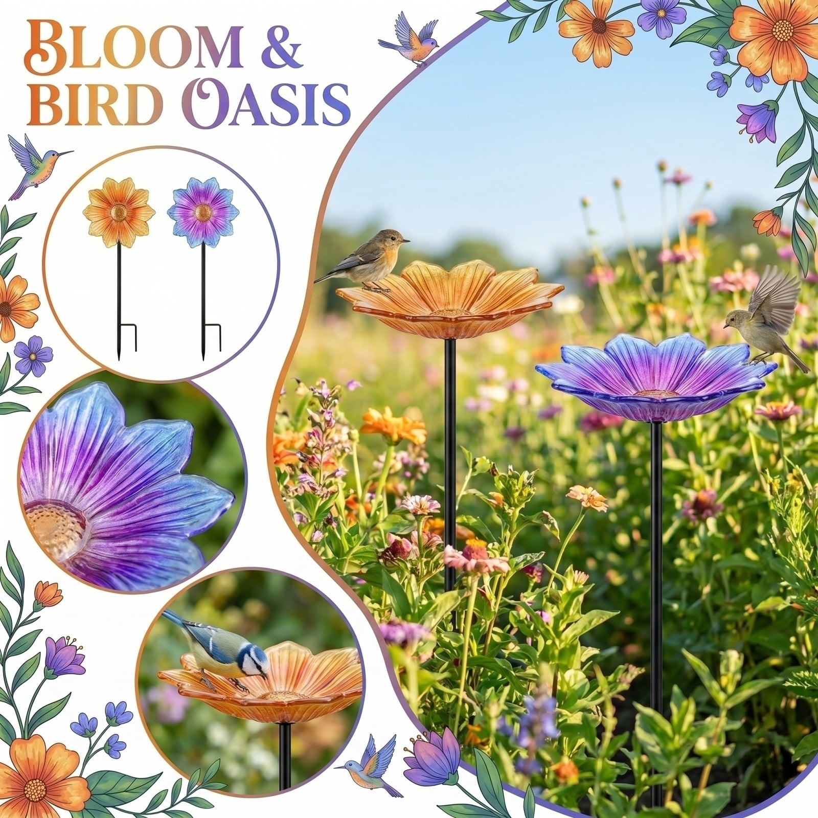 Metal Flower Bird Bath Hook Feeder Garden Stake,Outdoor Garden Yard Shepherds Hook Decor Stake for Lawn Garden Border Pathway,Rustic Garden Decor for Bird Waterer and Flower Bed Accent