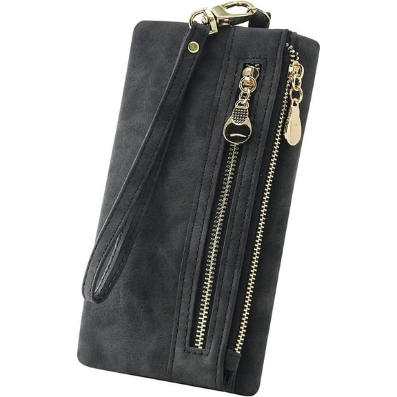 Soft Leather Long Wallet Wristlet with hand Strap Clutch Bag for Women Card holder Phone Bag (Black)