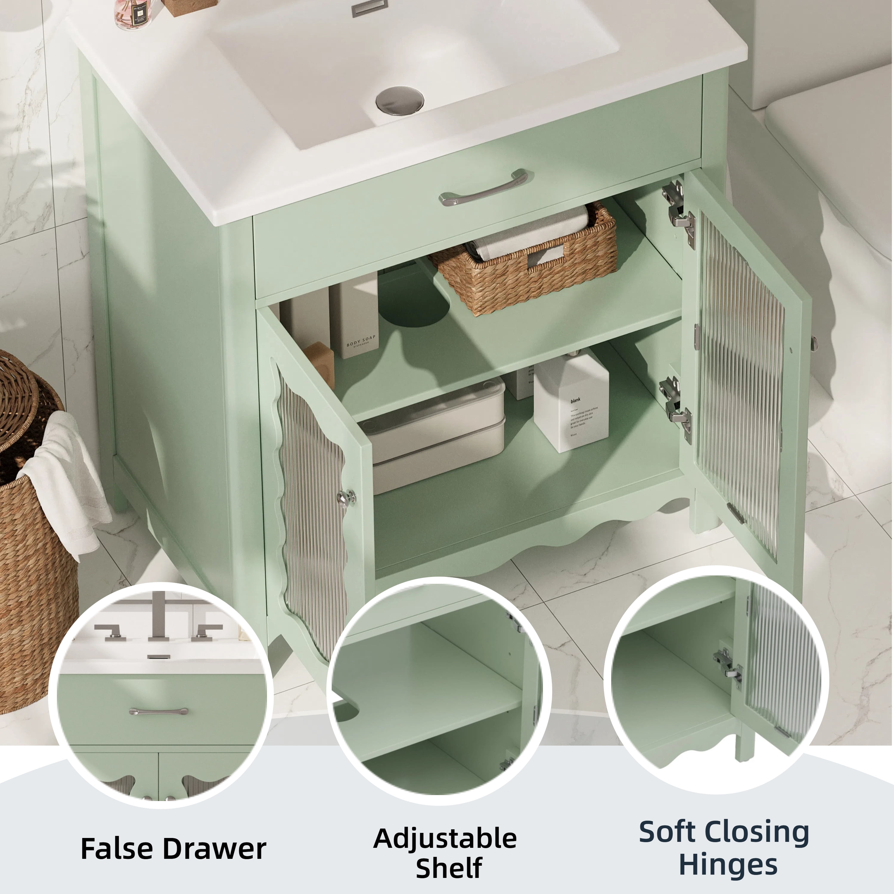 GARITIN Bathroom Vanity 31 Inch, Modern Bathroom Cabinet with Tempered Glass Doors and Rubber Wood Legs for Small Bathroom, Green