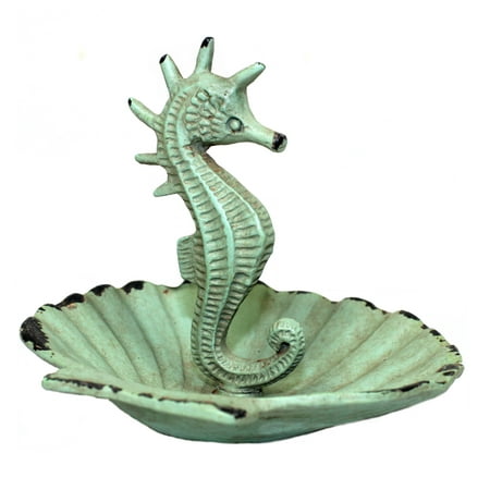 Green Seahorse in Scalloped Shell Jewelry Holder Trinket Dish Painted (Best Paint For Metal Jewelry)