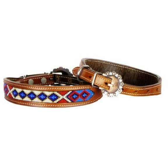 Showman Couture Genuine Leather Dog Collar w/ Red, White & Blue Beaded Inlay (Small)
