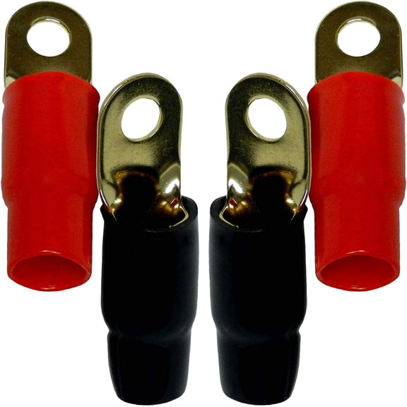Bass Rockers 0 Gauge AWG Gold Plated Crimp Ring Terminals - Amplifier Car Audio Accessories - Power Ground Wire Battery Cable Connectors - TR0G 4pcs Red & Black