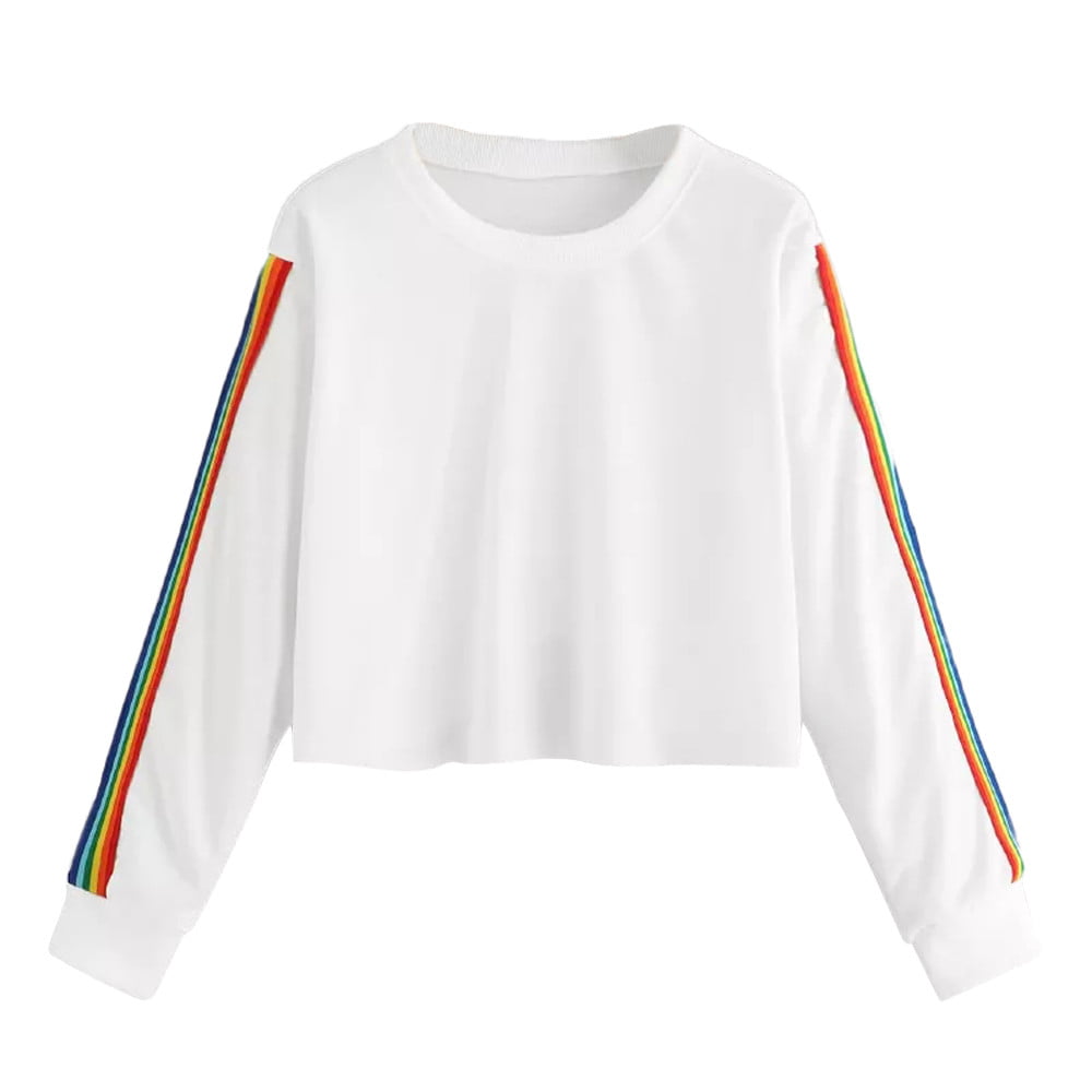 RedBrowm.Womens Long Sleeve Rainbow Patchwork O Neck Sweatshirt Casual Blouse Pullover 