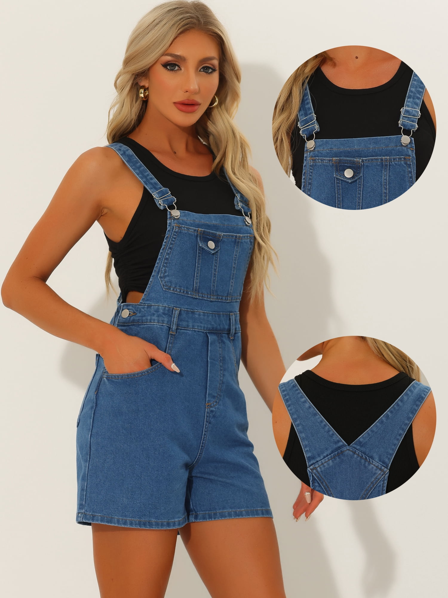 DARING DIVA Women's Casual Adjustable Straps Bib Denim Romper L Blue