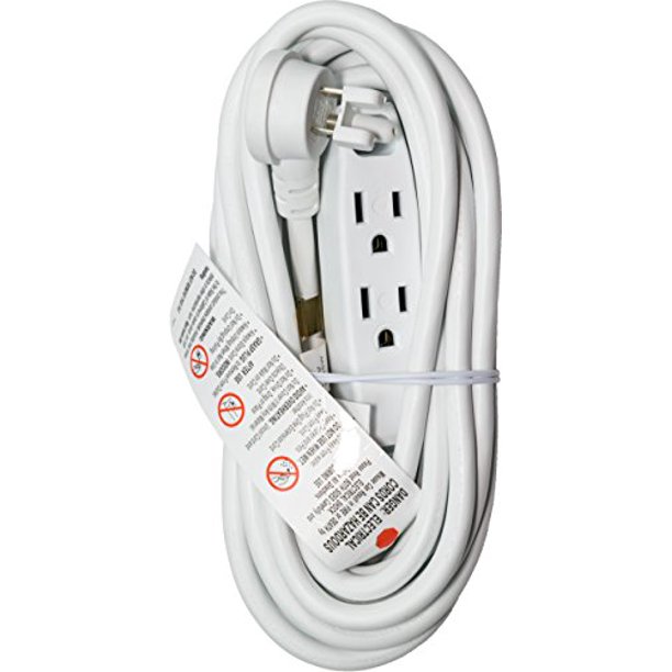 15 Ft Extension Cord Angled Plug White 15' foot 16 AWG 1625 Watt
