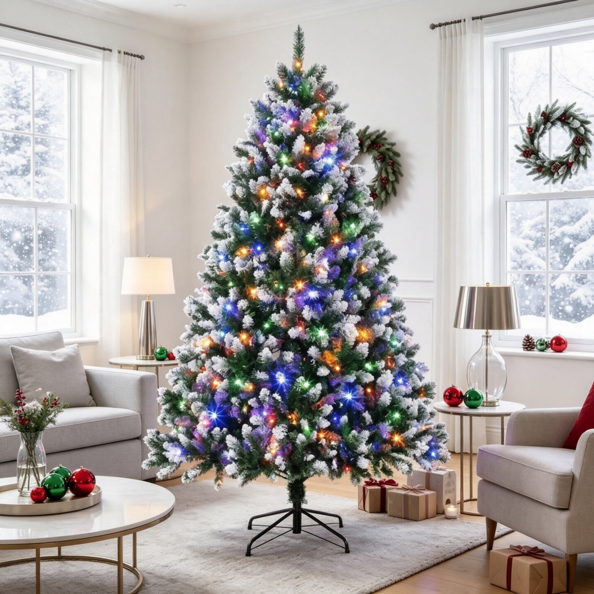 7.5 ft Pre-Lit Artificial Christmas Tree with 400 Dual-Color LED Lights, 1378 PVC Tips, Hinged Branches and Remote Control