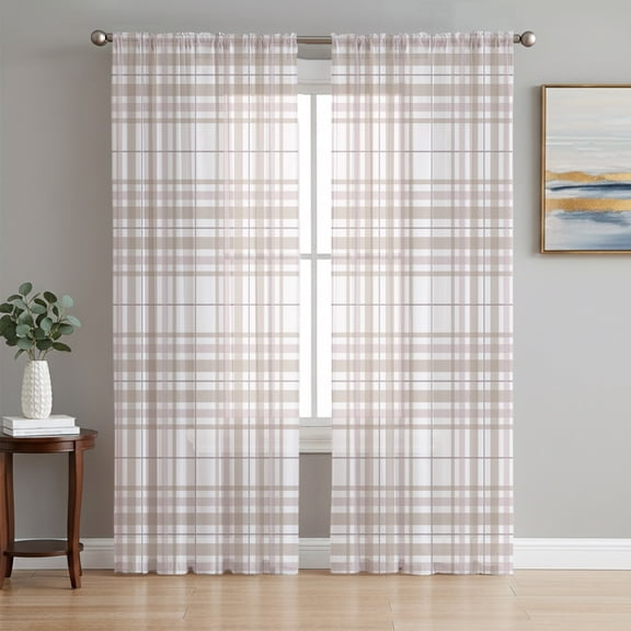 Buffalo Plaid Sheer Curtains 84 Inches Long, Sand Beige Cream Farmhouse Striped Minimalist Light Filtering Window Curtains for Living Room, Rod Pocket Voile Chiffon Drapes, 52"W x 84"L, 2 Panels