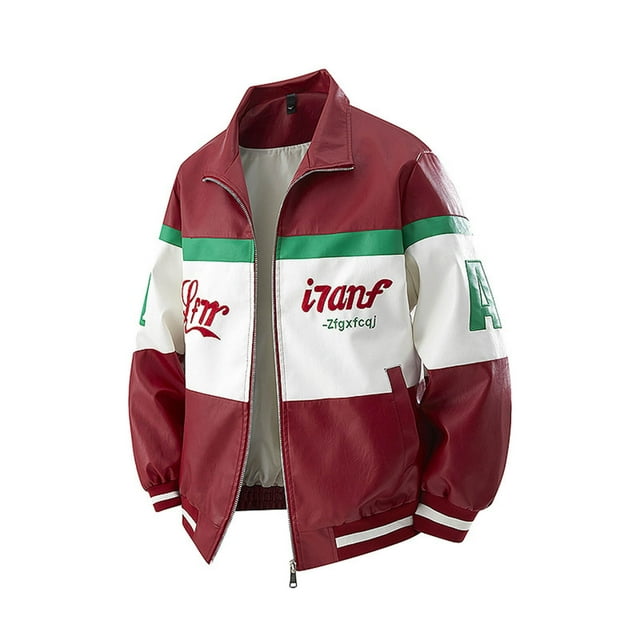 Men Embroidered Color Blocked Motorcycle Suit Zipper Button Pocket Ieather Long Sleeve Stand-up Faux Leather Outwear Jacket