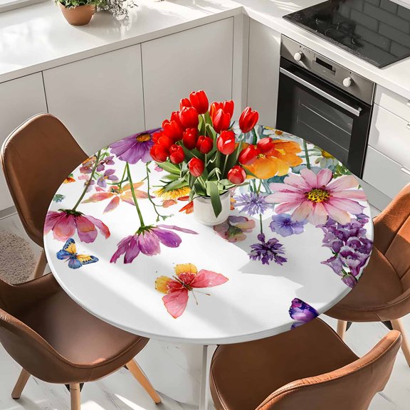 Watercolor Floral Elastic Fitted Round Tablecloth Countryside Spring Flowers Waterproof Outdoor Table Cover for Holiday Party, Picnic, Patio & Dining Fits Tables Up to 36"-44"