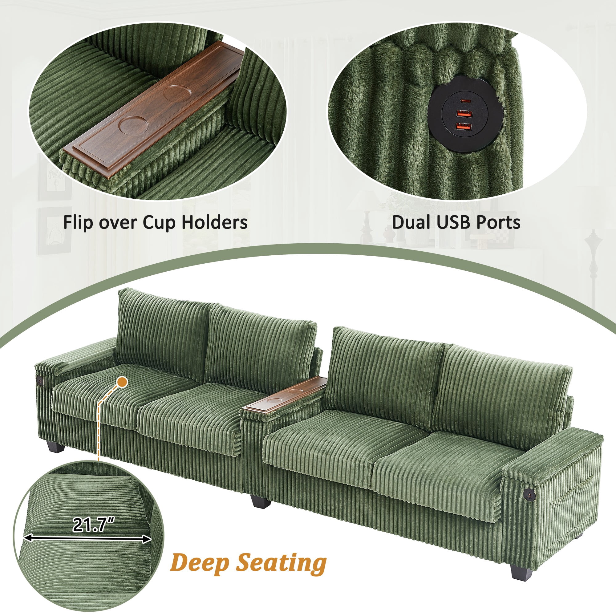133" Modern Sofa,4-seater Corduroy Sofa Couch with USB Ports,Hidden Storage Arms, Flip-Top Cup Holders for Living Room,Green