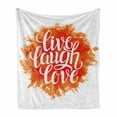 thumbnail image 1 of Live Laugh Love Soft Flannel Fleece Blanket, Hand Drawn Style Cheerful Brushstroke Background Motivation Phrase Print, Cozy Plush for Indoor and Outdoor Use, 50" x 70", Orange White, by Ambesonne, 1 of 6