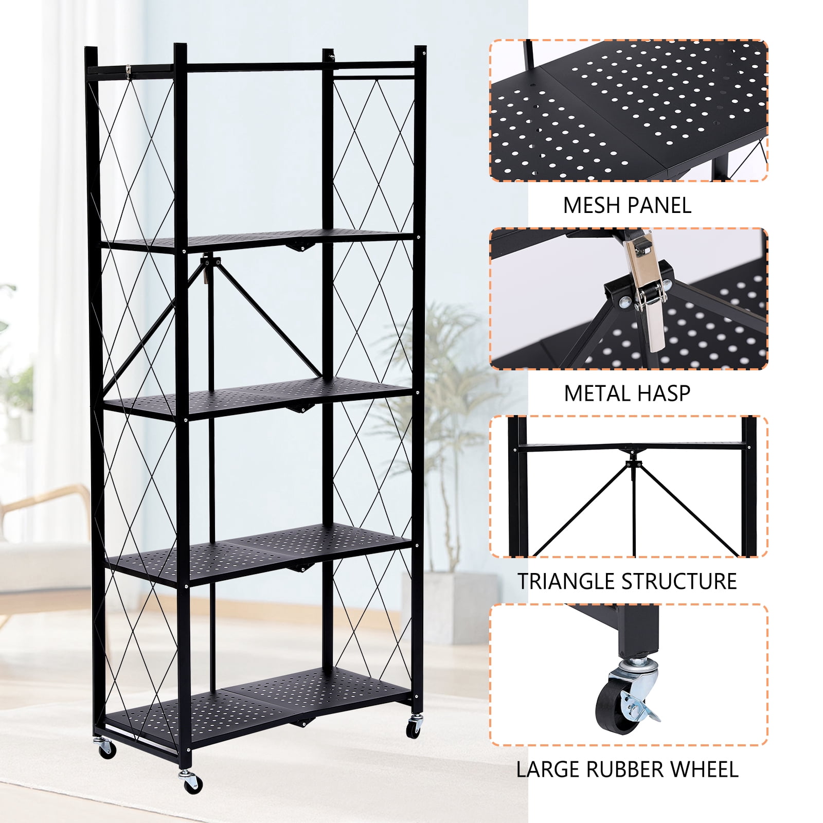 SUGIFT 5-Tier Foldable Metal Storage Shelf with Wheels, No Assembly, Heavy-Duty Organizer (750 lbs) for Home, Garage & Office, Black