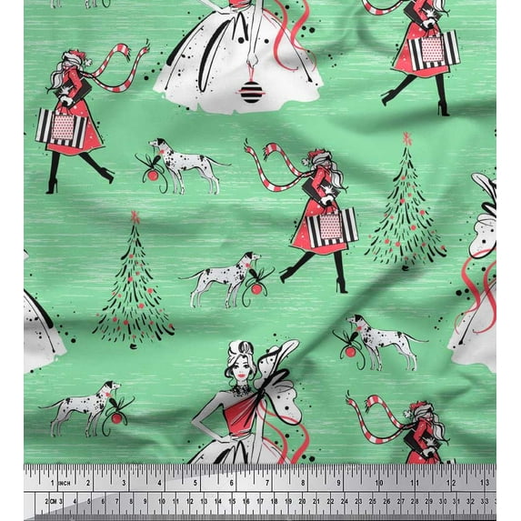 Soimoi Moss Georgette Fabric Dog,Women & Tree Christmas Fabric Prints By Yard 42 Inch Wide