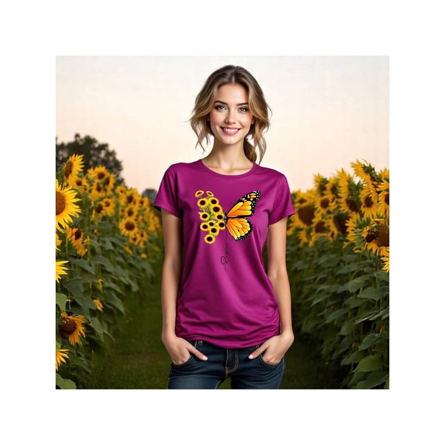 Blusa con Estampado de Mariposa y Girasoles – Diseño Único y Significativo Color Rosa Dorado Talla Mediana Marca Emil SaEs