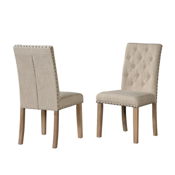 Rustic Natural Wood Dining Chairs (Set of 2) with Beige Linen Fabric