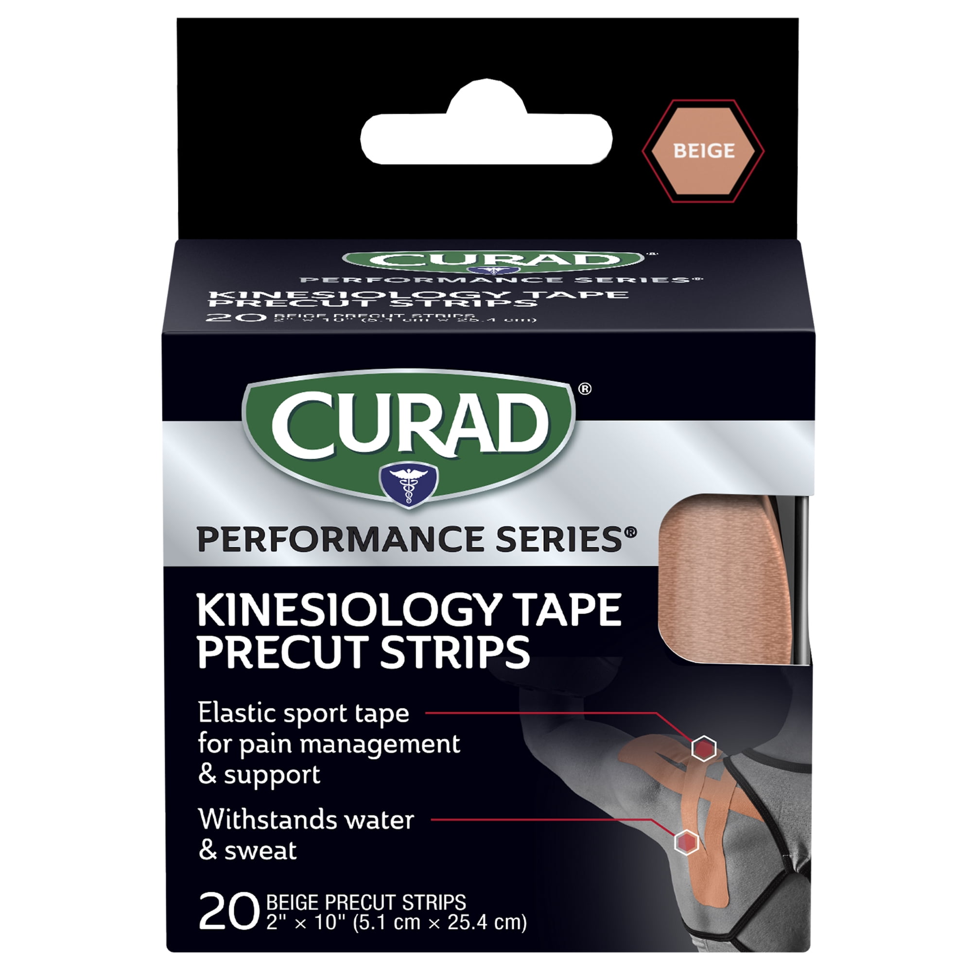 CURAD® Performance Series® Kinesiology Tape, Pain Management Technology, Sweat & Water-Resistant Athletic Tape, Beige, 2 in x 10 in, 1 Roll, 20 Strips