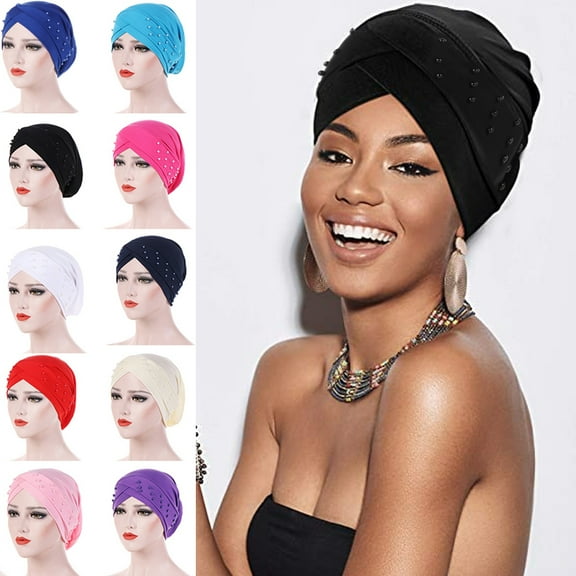 Sunjoy Tech Women Turban Beaded Caps Vintage Beanie Headscarf Elastic Headwrap Hat