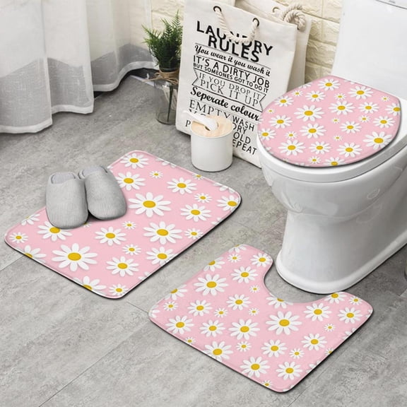Pink Daisy Flower Yellow Centers Pattern Bathroom Rugs Sets 3 Piece,Toilet Cover Set,Absorbent Non Slip Bathroom Mats Sets with U-Shaped Contour Rug Toilet Rug Set