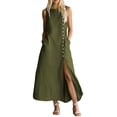 thumbnail image 2 of Guieoi Summer Dresses for Women under $10 Plus Size Decorative Button Cotton-Linen Loose-Fit Sleeveless Slit Hem Maxi Dress Green M, 2 of 7