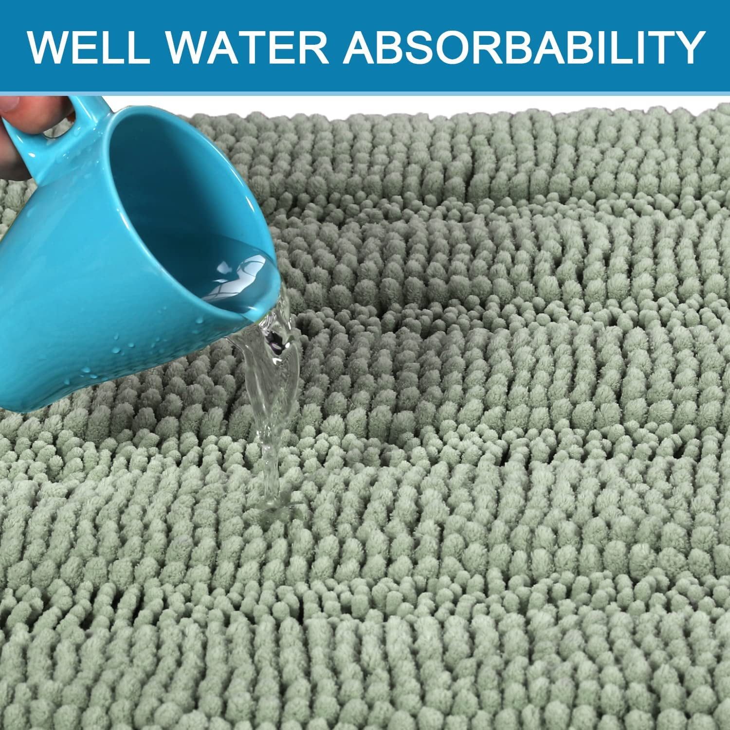 Sage Bathroom Rugs, Bath Mat Set of 2 Extra Thick Chenille Striped Pattern Shaggy Bath Rugs for Bathroom, Non Skid Bath Mats for Bathroom Floor (32 x 20 Plus 24 x 17 - Inches)