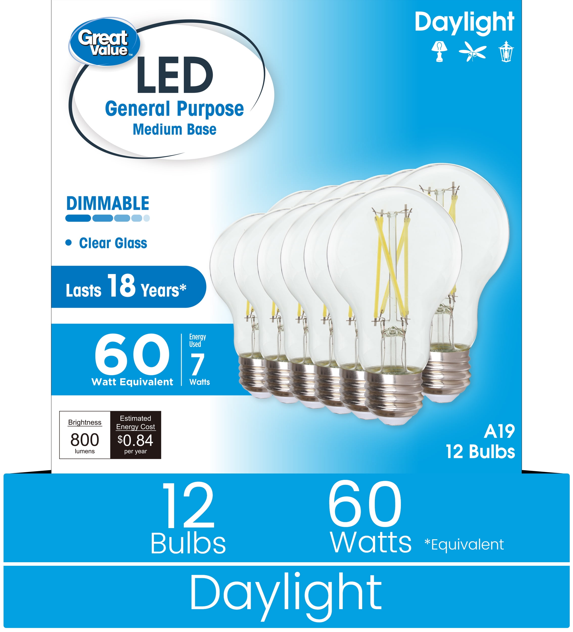 (2 pack) Great Value 18YR A19 LED Light Bulb, 7W (60W Equivalent) Dimmable Daylight E26 Medium Base, 12 Pack