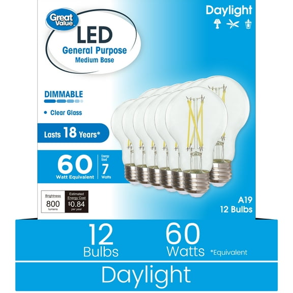 Great Value 18YR A19 LED Light Bulb, 7W (60W Equivalent) Dimmable Daylight E26 Medium Base, 12 Pack