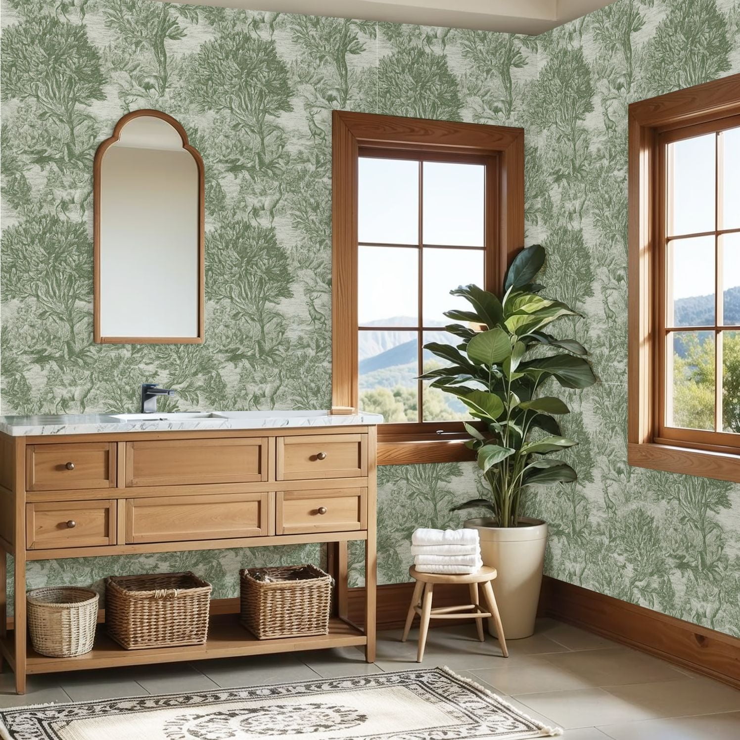 Hunt Peel and Stick Wallpaper 23.6in x 9.8ft Vintage Green Forest Deer Botanical Elements Contact Paper Vinyl Waterproof Self Adhesive Wall Paper for Bedroom Shelf Cabinet Renter Friendly