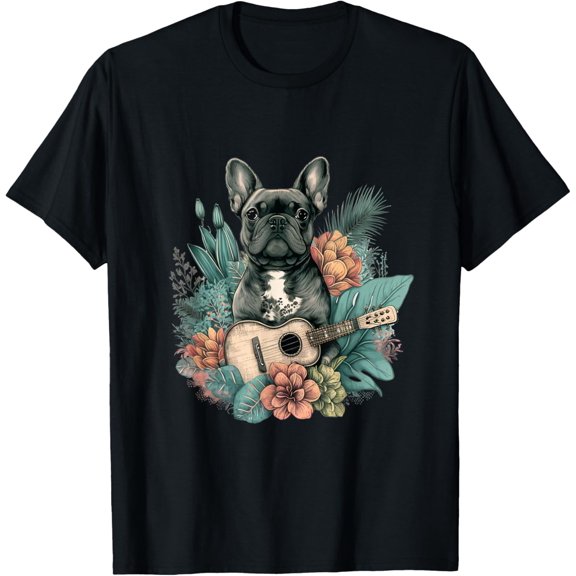 French Bulldog Aloha Ukulele Hawaii Guitar Dog Flower T-Shirt