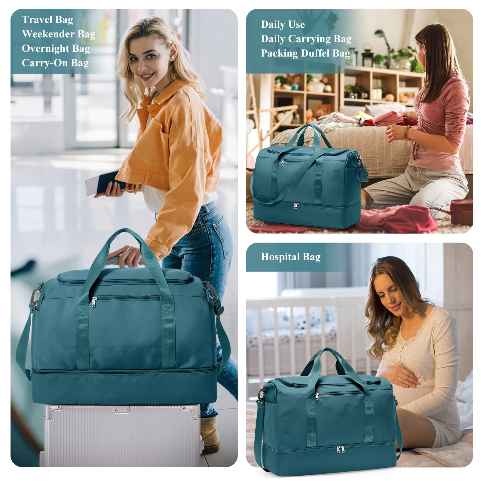 SYCNB Large Travel Duffel Bag, Weekender Overnight Bag for Women, Gym Tote Bag with Shoe Compartment, Carry-On Weekend Bag for Women with Wet Pocket for Travel Business, Peacock Blue