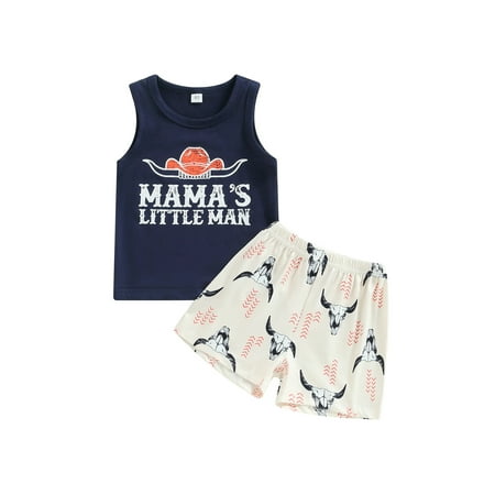 

Qtinghua 2PCS Newborn Baby Boy Summer Clothes Sleeveless Mama s Little Man Letter Print Tank Tops Shorts Set Blue 12-18 Months
