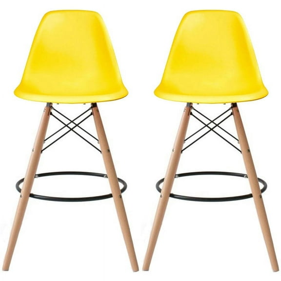 2xhome Set of 2 Yellow 28" Seat Height Modern Plastic Style Bar Stool Barstool Counter Stools with backs and armless Natural Legs Wood Eiffel Legs Dowel-Leg