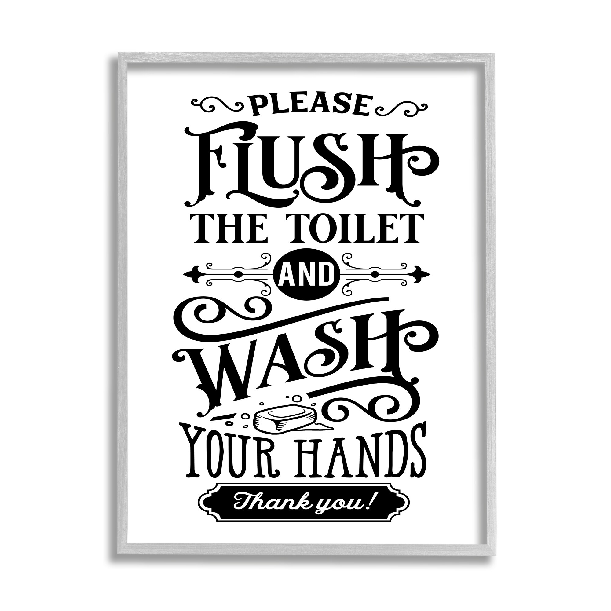 Stupell Industries Flush & Wash Hands Vintage Style Text Typography Graphic Art Gray Framed Art Print Wall Art, Design by Lettered and Lined