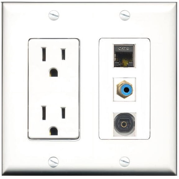 RiteAV - 15 Amp Power Outlet 1 Port RCA Blue 1 Port Shielded Cat6 Ethernet Ethernet 1 Port Toslink Decorative Wall Plate